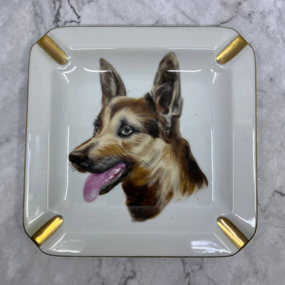 Ucagco Porcelain Hand Painted German Shepherd Ashtray 7" with Gold Trim TJ3-1
