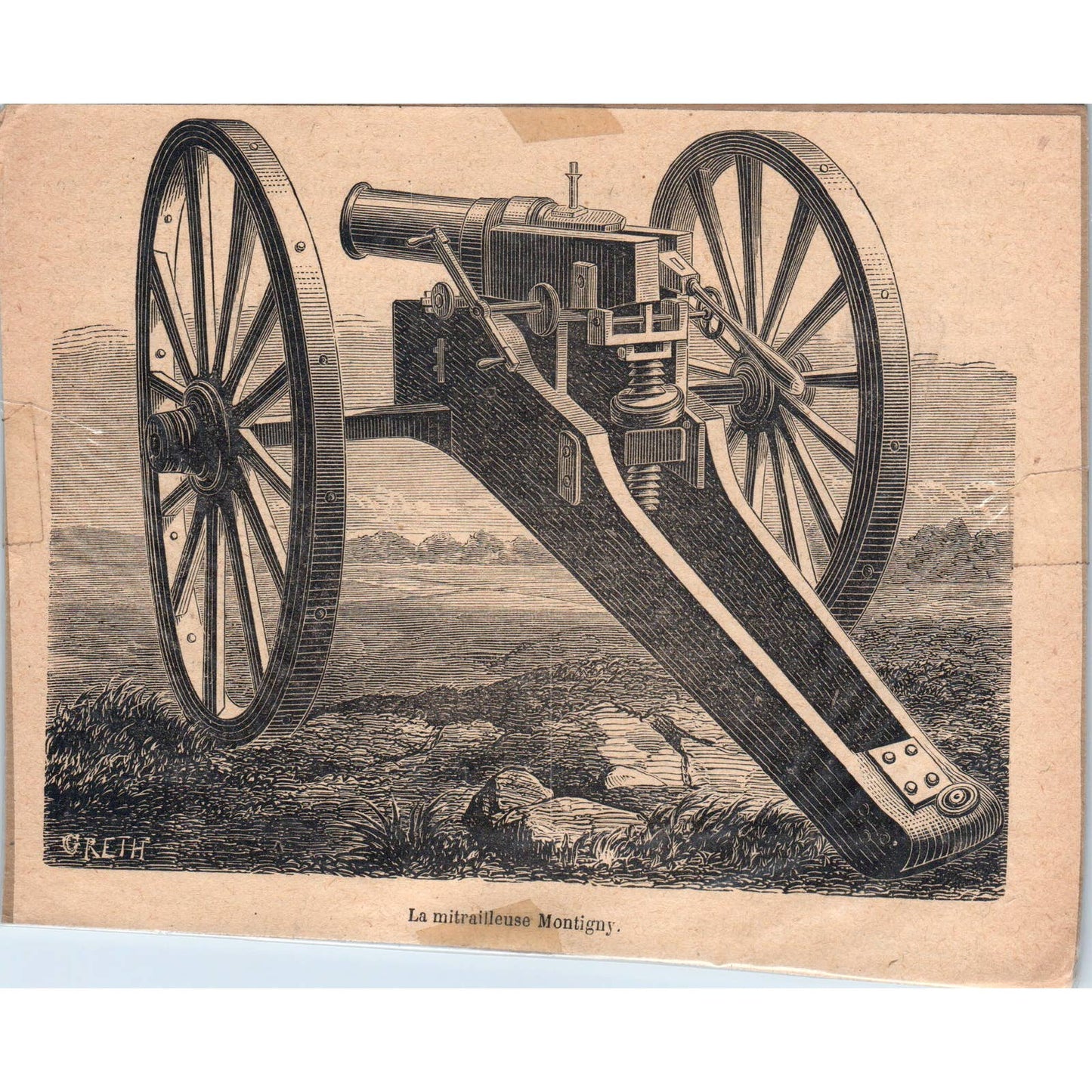 1880s French Wood Engraving The Montigny Machine Gun 5x6" TJ1-1