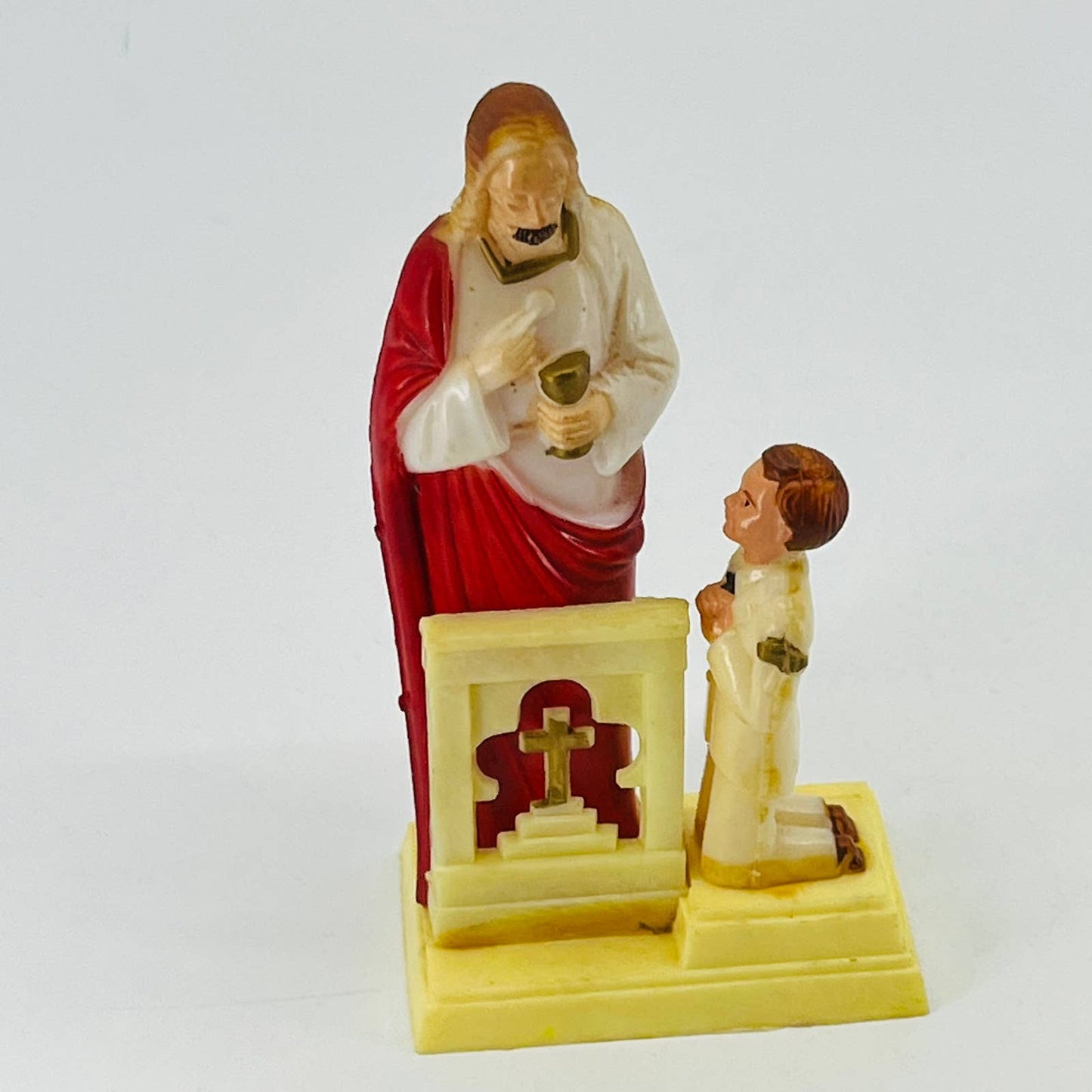 Vintage MCM Celluloid Confirmation Cake Topper Jesus and Praying Child 5” SA9