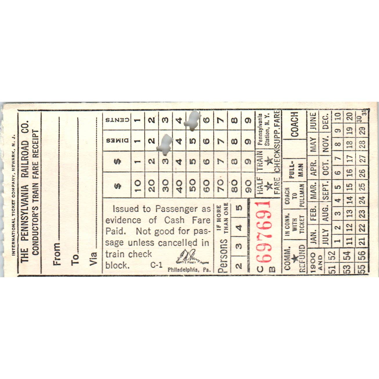 1950s Pennsylvania Railroad Company Conductor's Train Fare Receipt SE8
