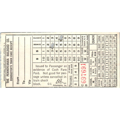 1950s Pennsylvania Railroad Company Conductor's Train Fare Receipt SE8
