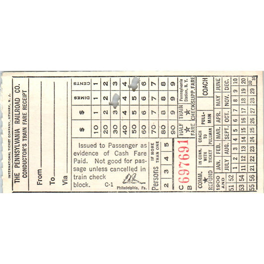 1950s Pennsylvania Railroad Company Conductor's Train Fare Receipt SE8