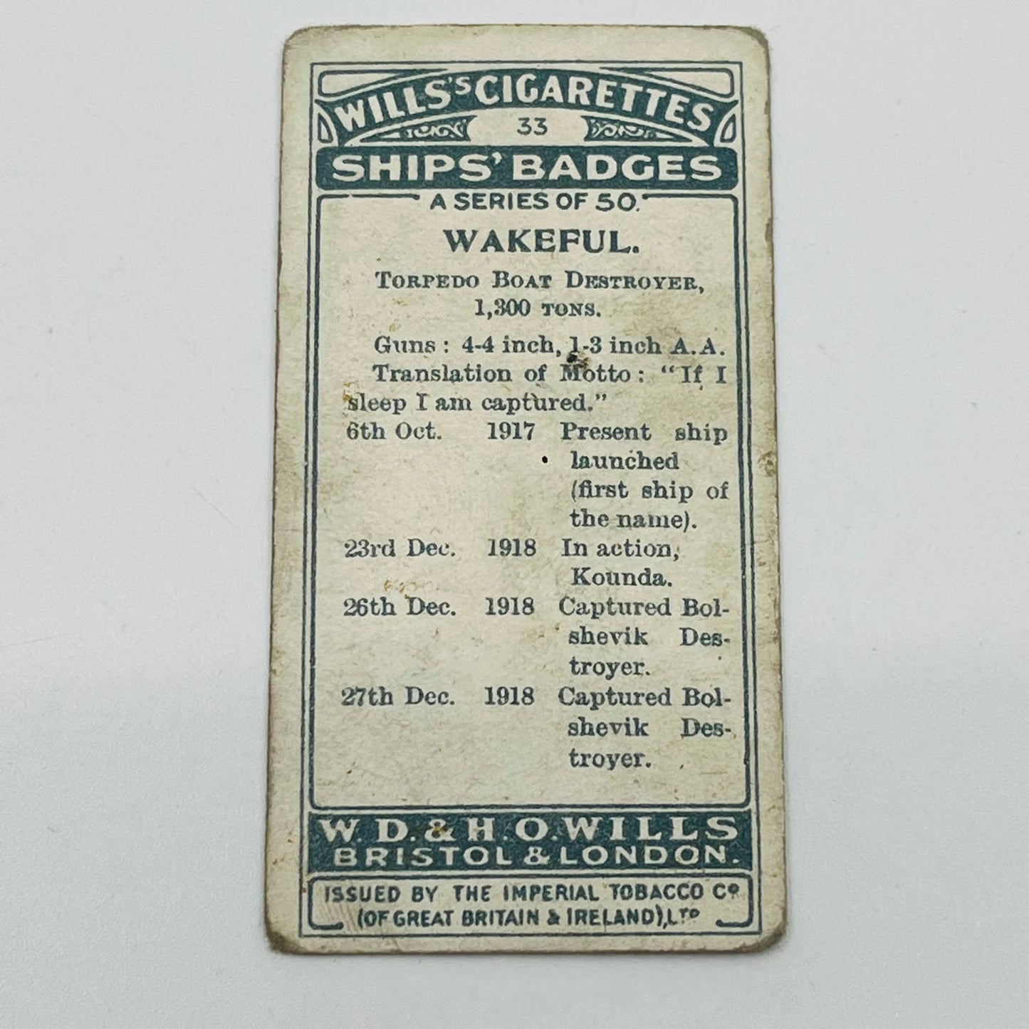 Will’s Cigarette Cards Ship’s Badges Wakeful Torpedo Boat Destroyer #33 EA2