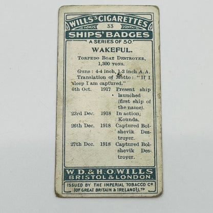 Will’s Cigarette Cards Ship’s Badges Wakeful Torpedo Boat Destroyer #33 EA2