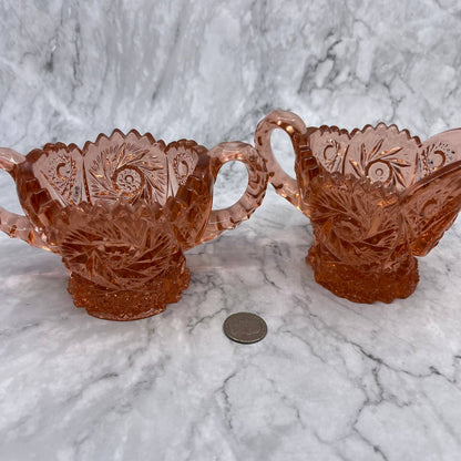 EAPG Imperial Pink Glass "Whirling Star" Sugar And Creamer, Saw Tooth TI6