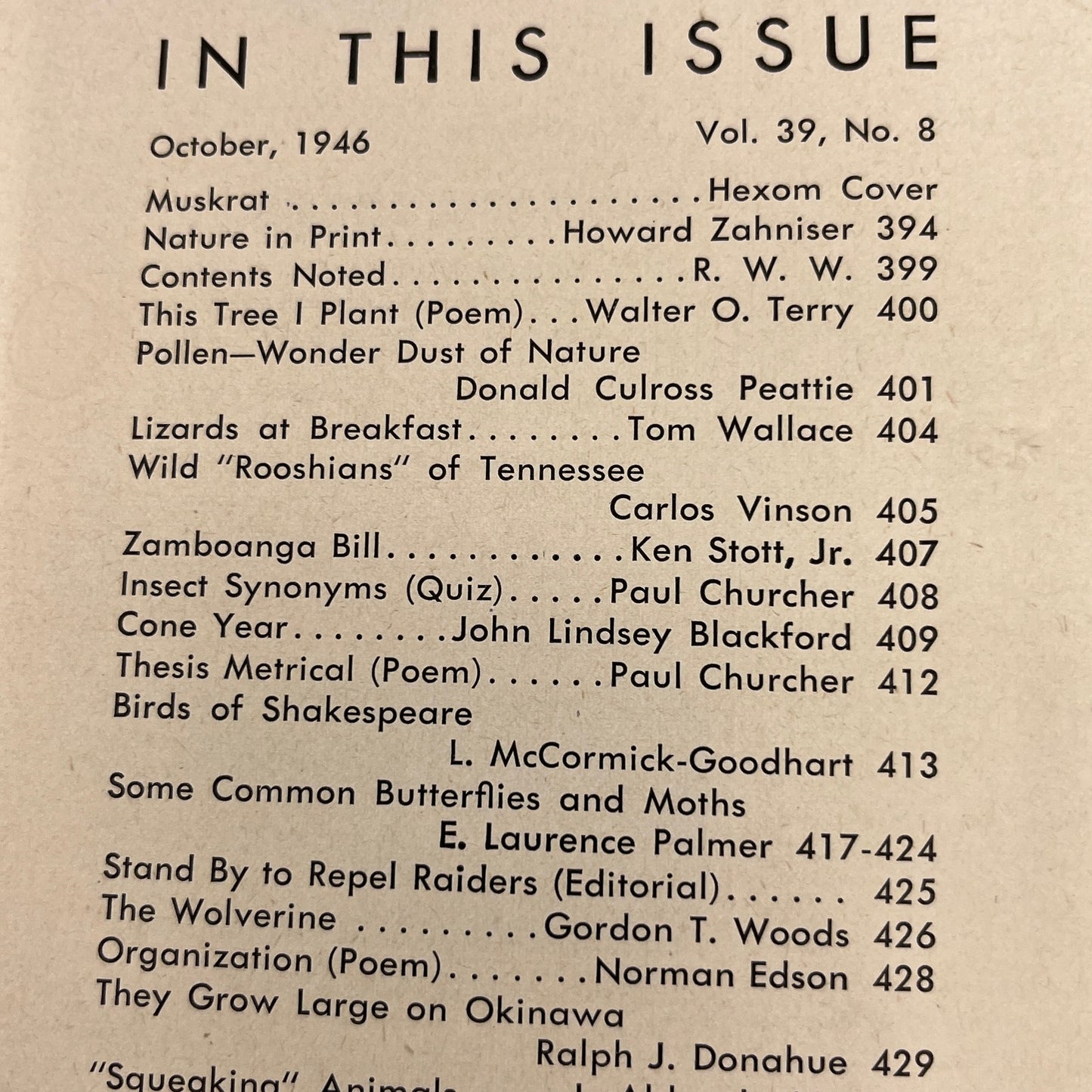 Nature Magazine Oct 1946 - Muskrat Hexom Birds of Shakespeare TH9