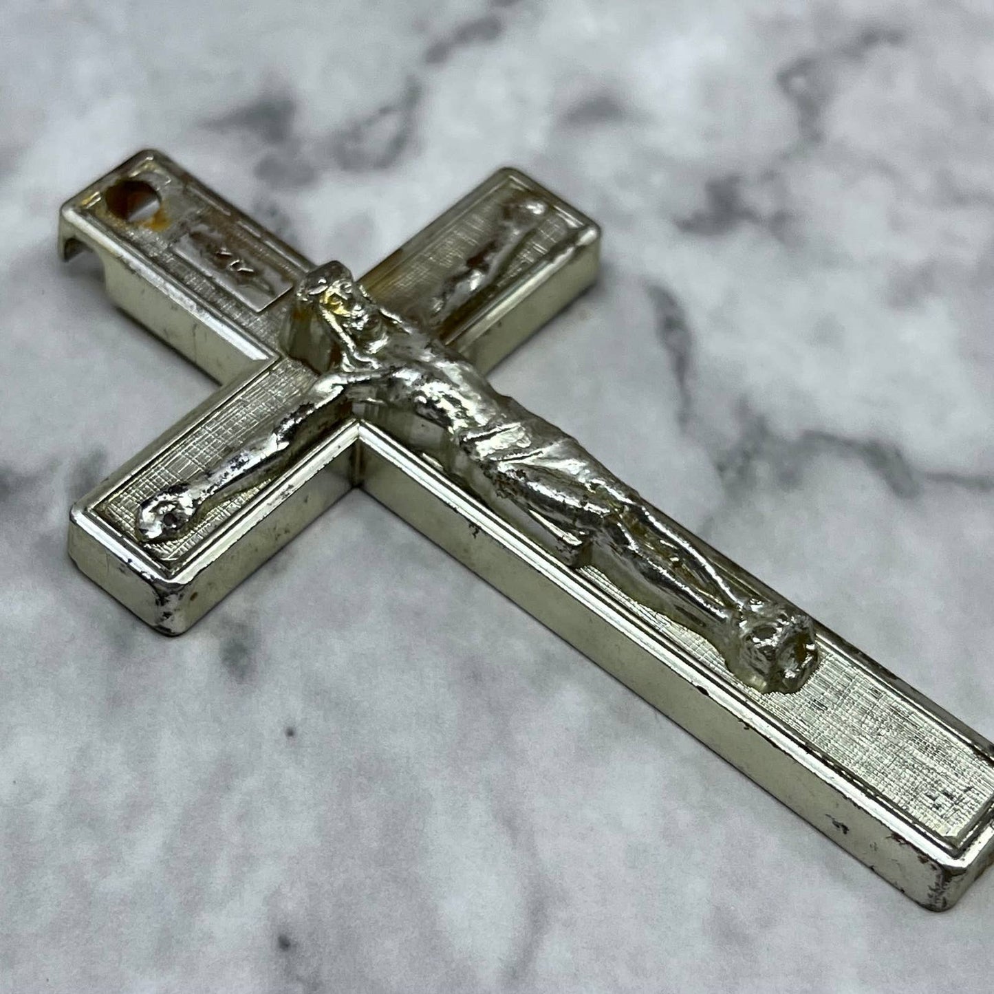 Vintage Celluloid Silver Tone Crucifix 3” SF1