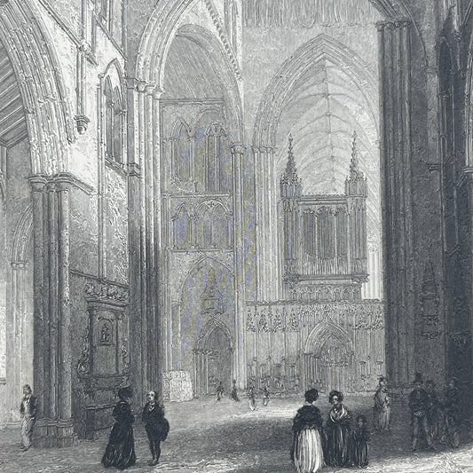 1842 Original Art Engraving Ripon Cathedral - The Nave AC6