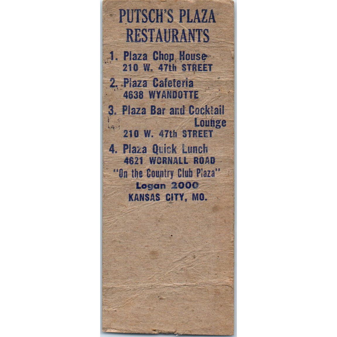 Putsches Country Club Plaza Kansas City MO Advertising Matchbook Cover SA9-M1
