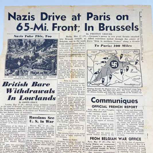 1940 May 18 WWII Newspaper Headline Page Nazis Take Brussels Drive at Paris AA8