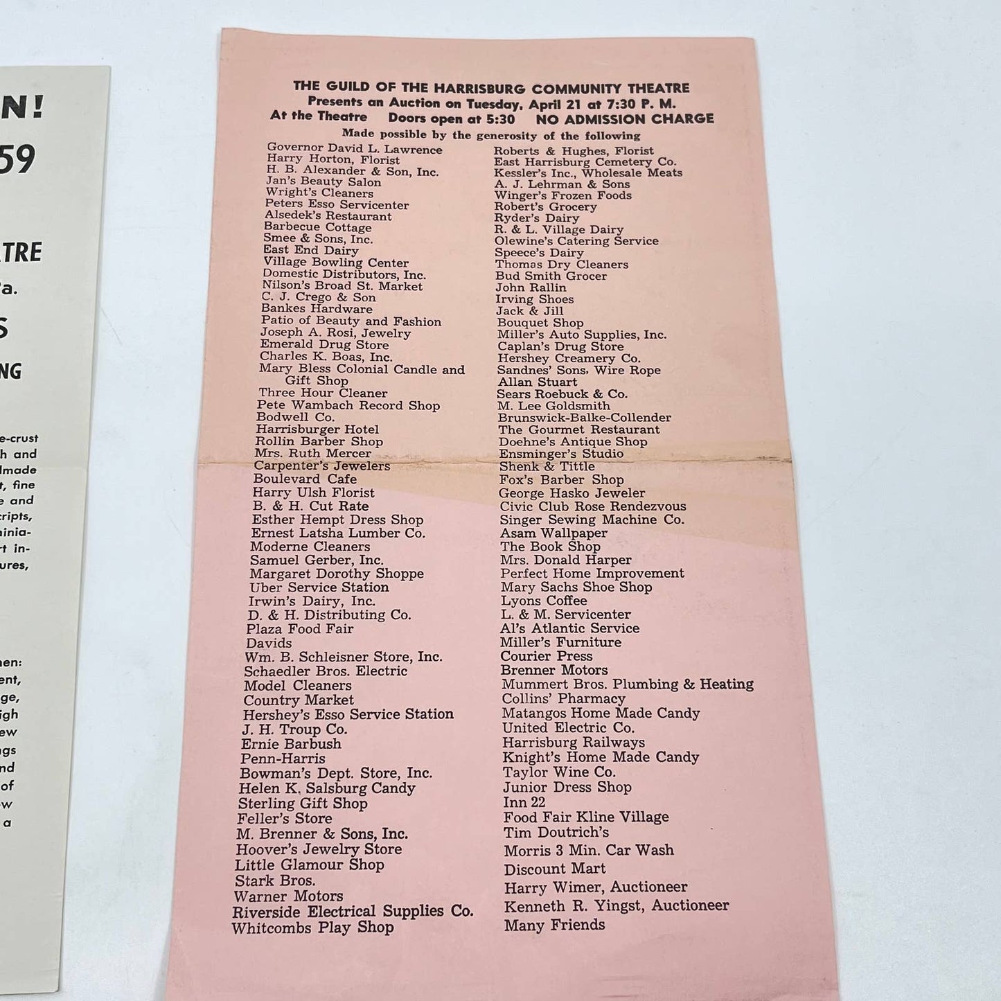 1959 Auction Promo Leaflet Harrisburg PA Community Theatre Harry Wimer AA9