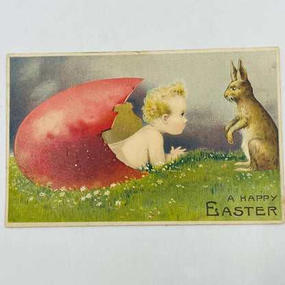 1910s Easter Post Card Embossed Baby in Giant Egg Anthropomorphic Bunny PA5