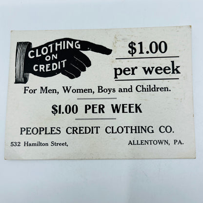c1880 Victorian Trade Card Clothing Credit Peoples Clothing Allentown PA P9-14