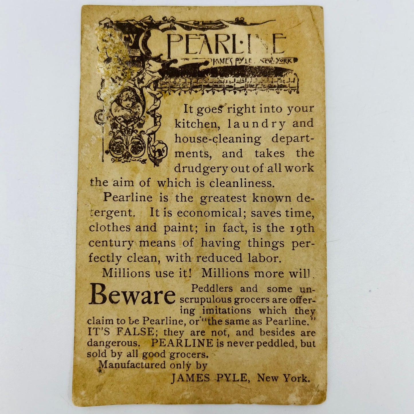 1880s Victorian Trade Card James Pyle NY Pearline Soap Young Girl Hat AH9-M10