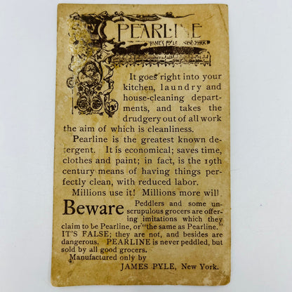 1880s Victorian Trade Card James Pyle NY Pearline Soap Young Girl Hat AH9-M10