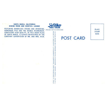 Vintage Postcard - Rick's Drive-In Restaurant Interior Santa Maria CA AD9