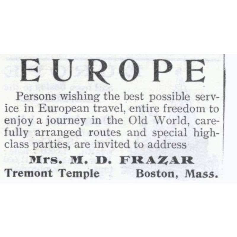 Europe Travel Mrs. M.D. Frazar Tremont Temple Boston - 1903 Original Ad TJ8-7-8
