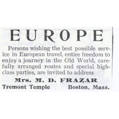 Europe Travel Mrs. M.D. Frazar Tremont Temple Boston - 1903 Original Ad TJ8-7-8