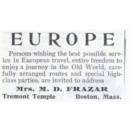 Europe Travel Mrs. M.D. Frazar Tremont Temple Boston - 1903 Original Ad TJ8-7-8