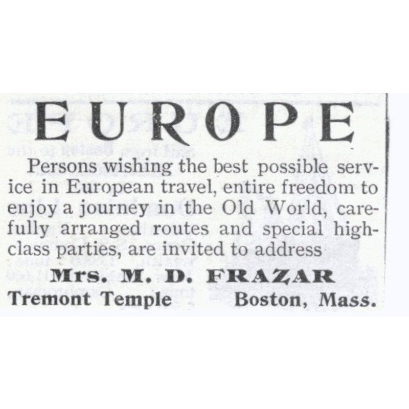 Europe Travel Mrs. M.D. Frazar Tremont Temple Boston - 1903 Original Ad AK5-S33
