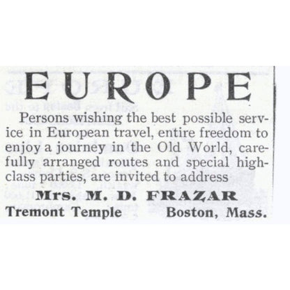 Europe Travel Mrs. M.D. Frazar Tremont Temple Boston - 1903 Original Ad AK5-S33
