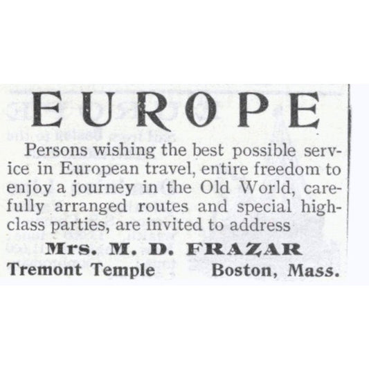 Europe Travel Mrs. M.D. Frazar Tremont Temple Boston - 1903 Original Ad AK5-S33