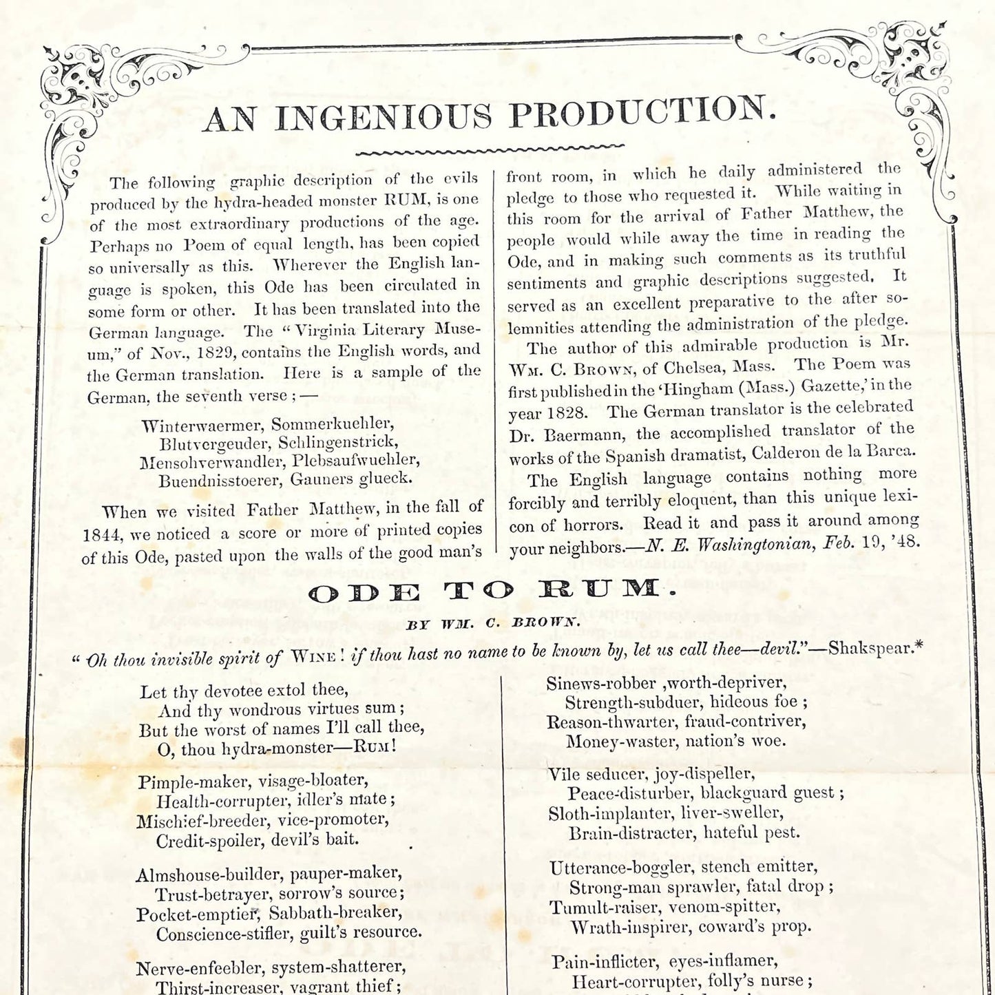 1848 Leaflet About The Evils of Rum W.M. C. Brown Ode to Rum AB7