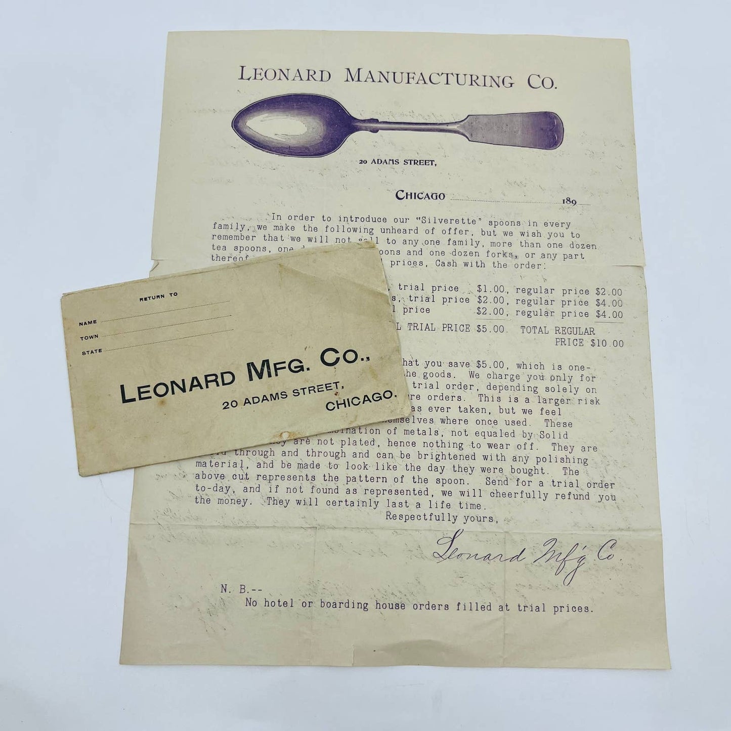 1890s Leonard Manufacturing Co. Silverware Letterhead & Envelope Chicago IL D3