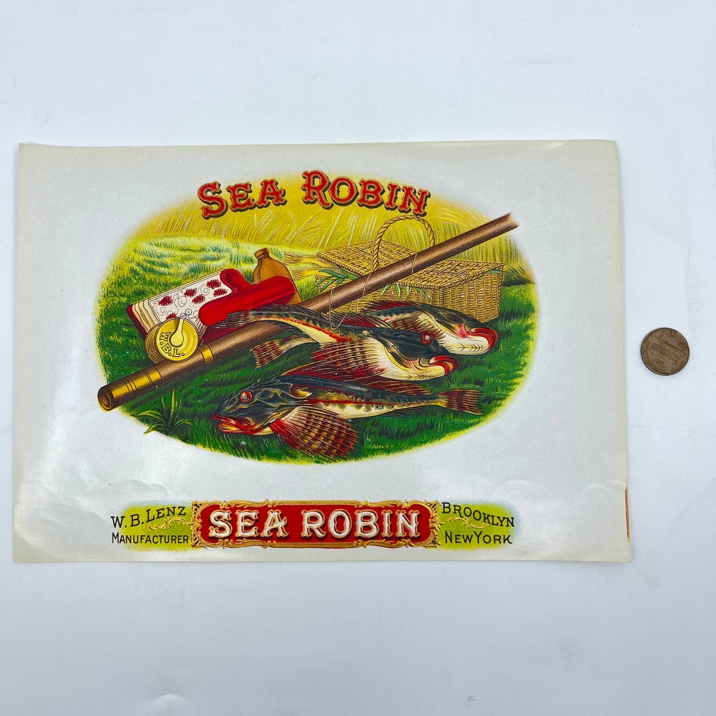Original Antique SEA ROBIN - Inner CIGAR LABEL - FISH - Fishing Rod / Basket AA8