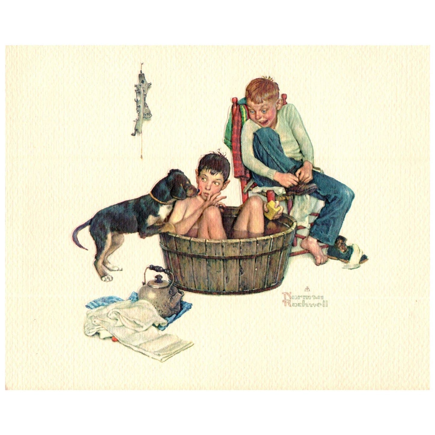 1950s Print EMBOSSED "Lickin' Good Bath" by Norman Rockwell ~7.5x10" AC9