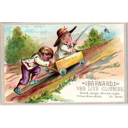 1880s Victorian Trade Card Barnard the Live Clothier Children With Wagon SE8