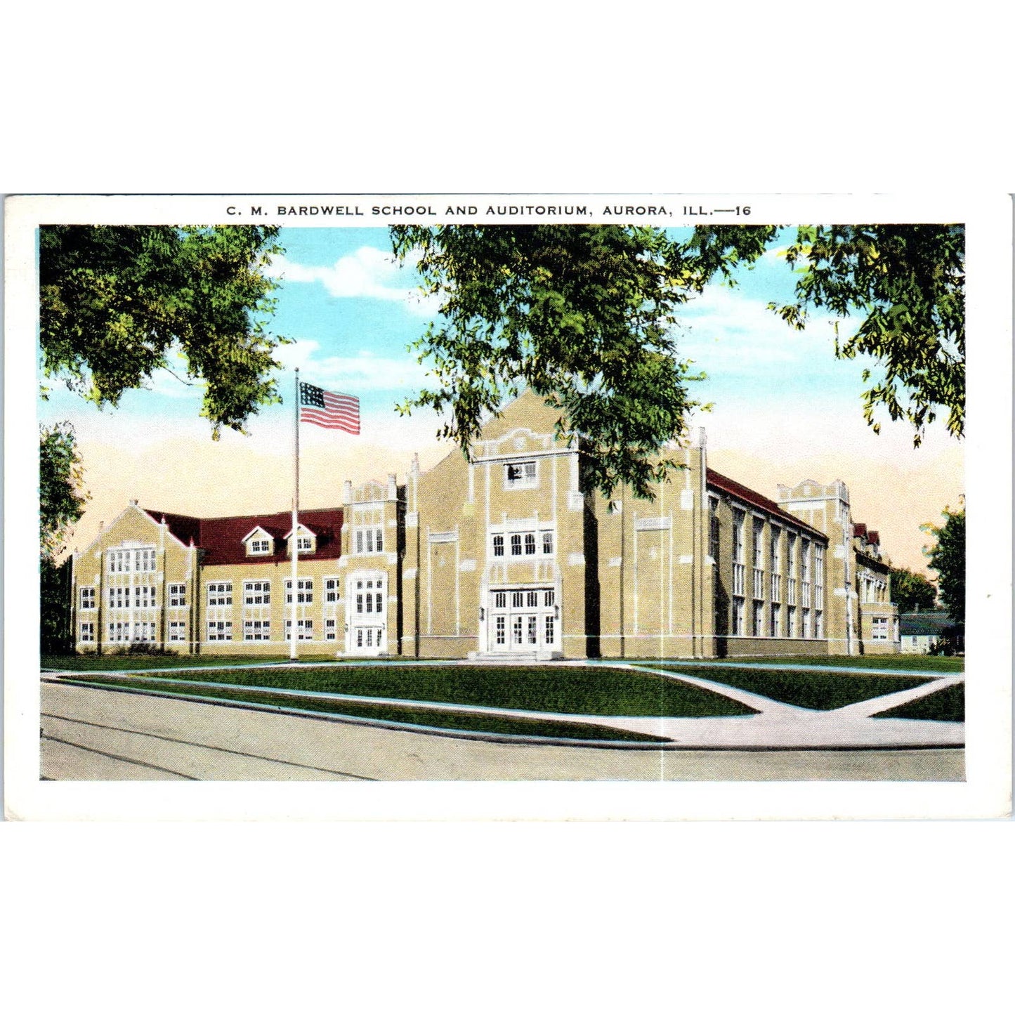 CM Bardwell School & Auditorium Aurora IL Original Postcard TK1-P19