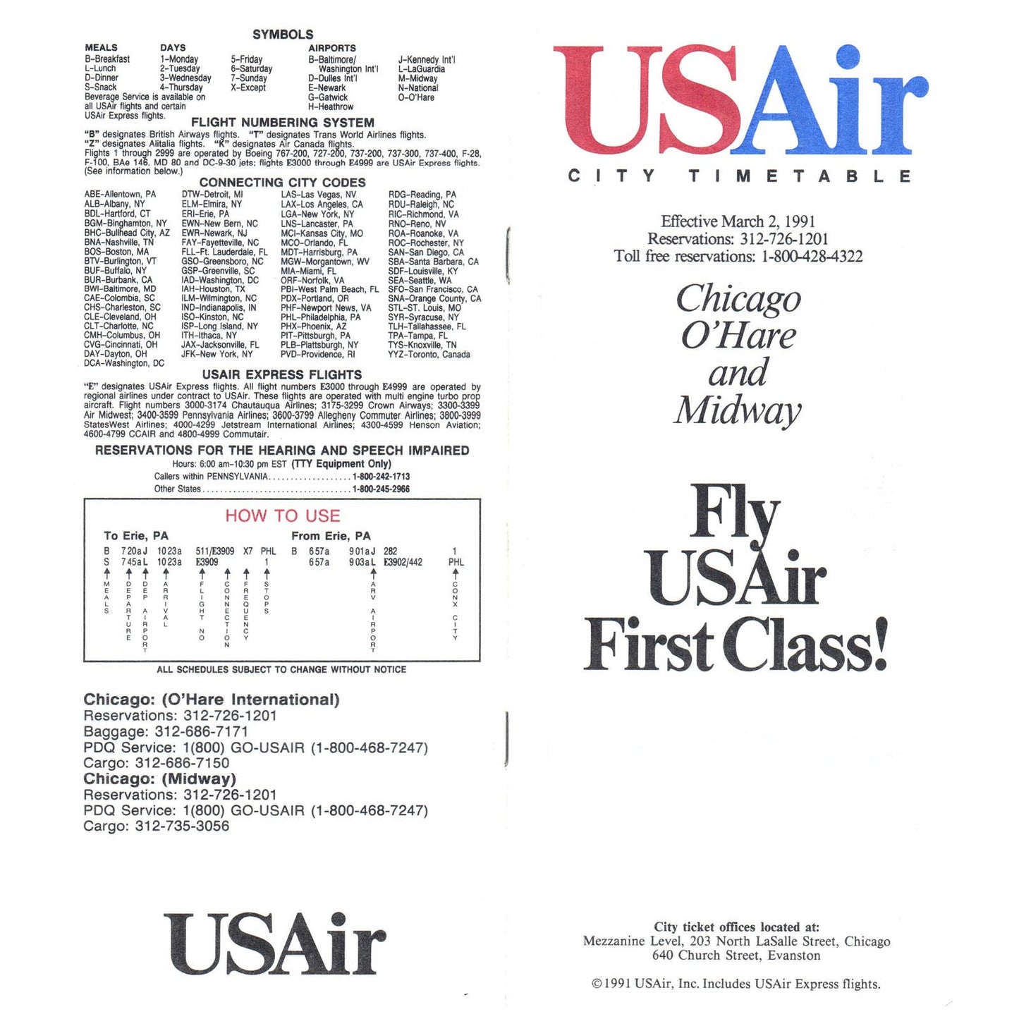 1991 US Air Airline City Timetable Chicago O'Hare and Midway SE4