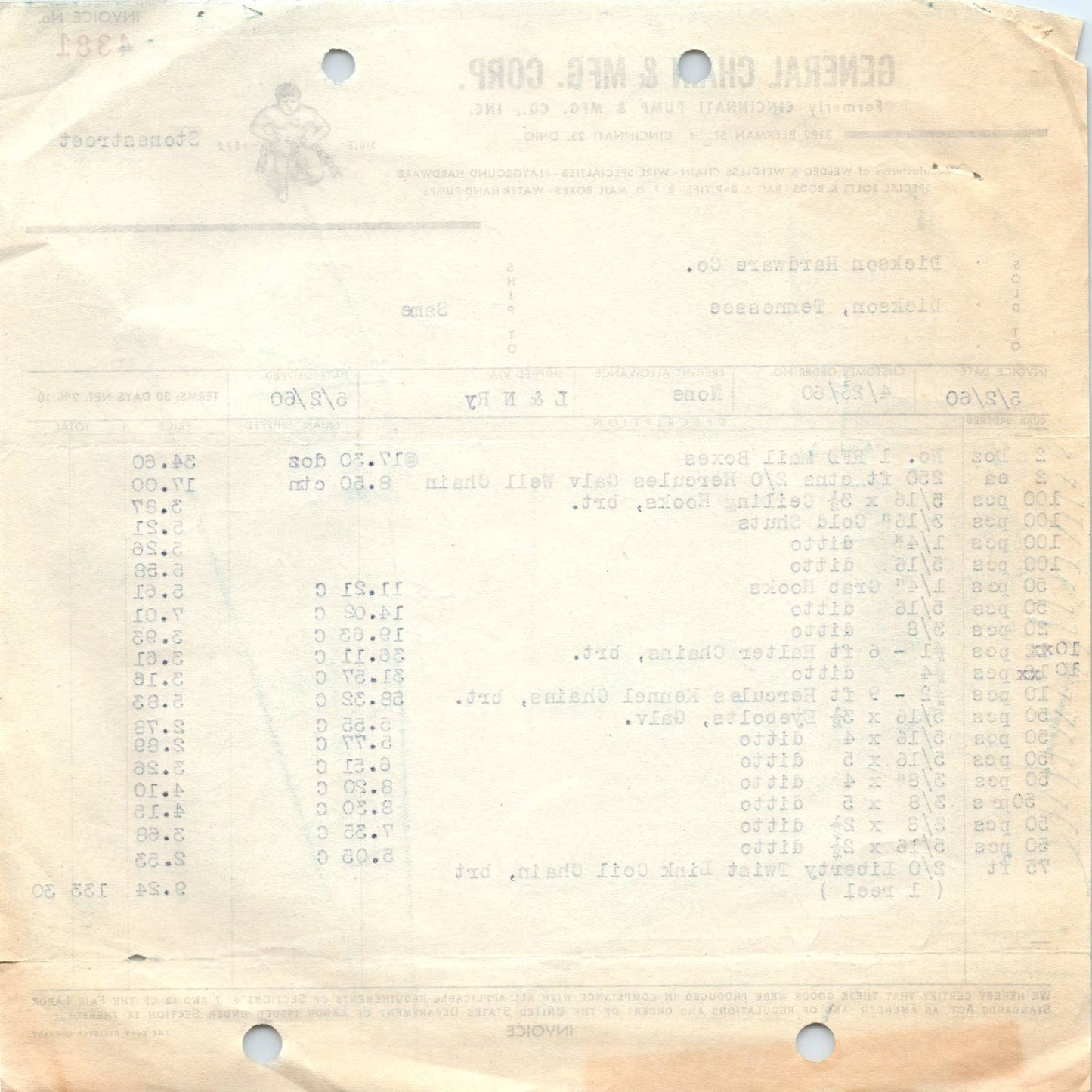 1960 May 2 - General Chain Mfg Corp Billhead Receipt Dickson TN AD5