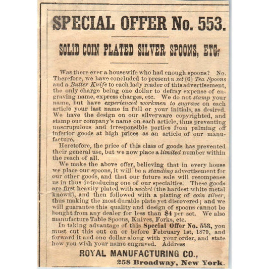 1878 Peterson's Magazine Ad Coin Plated Silver Spoons Royal Manufacturing NY SF2