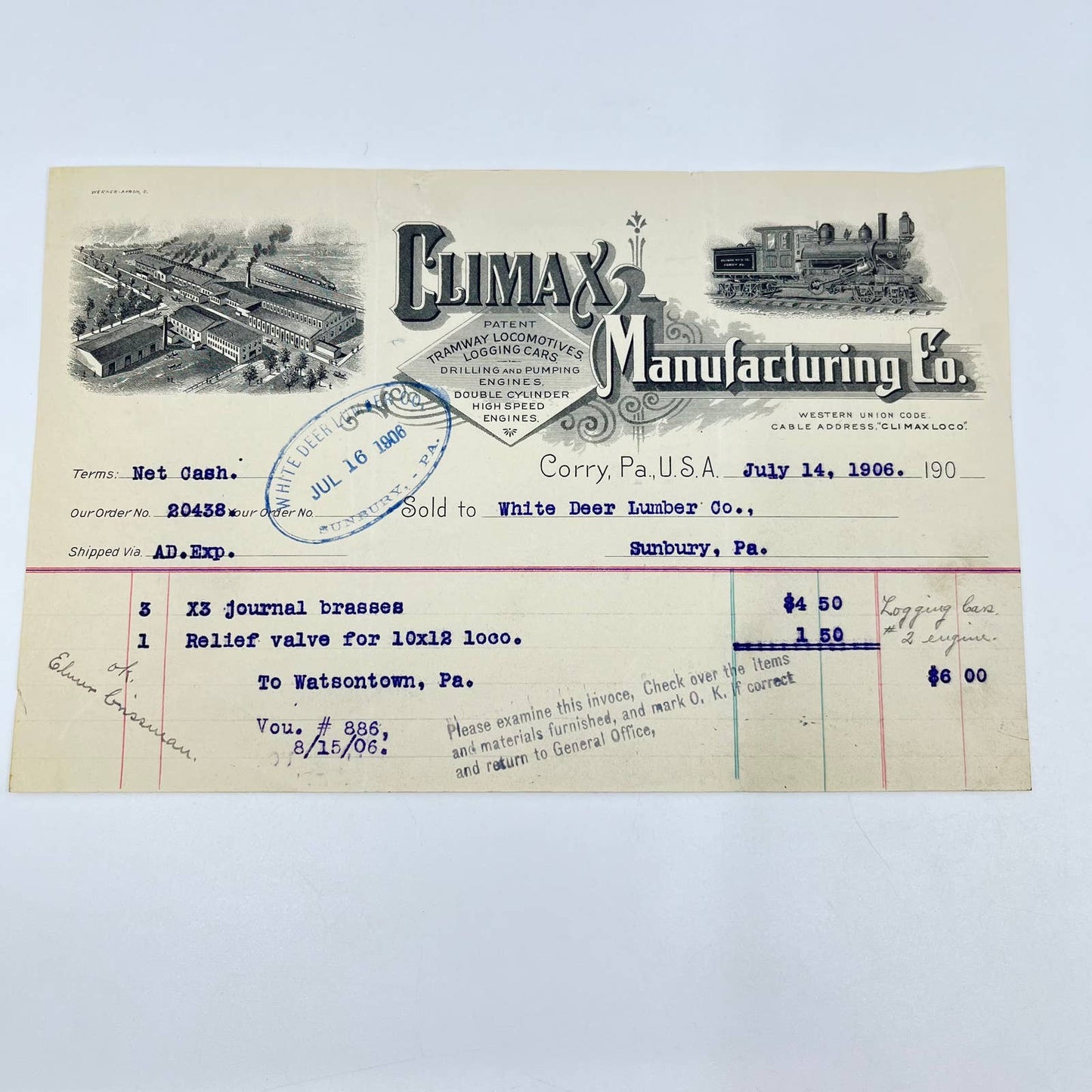 1906 Climax Manufacturing Co. Trainway Locomotive Letterhead Corry PA x2 AB2-1