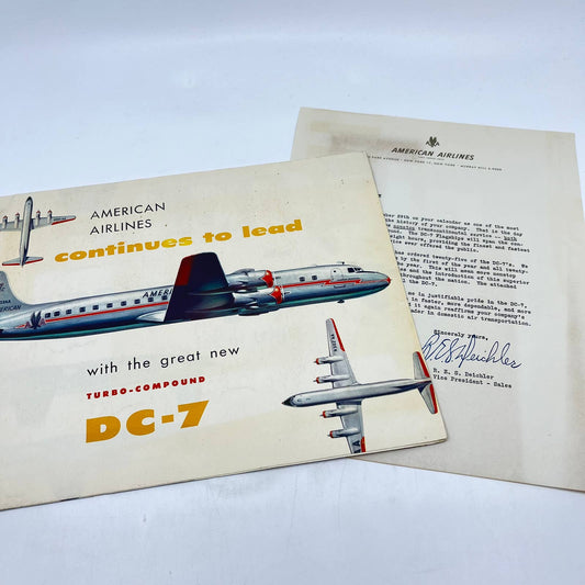 1953 American Airlines DC-7 Turbo Compound Fold Put Brochure Poster & Letter TF9