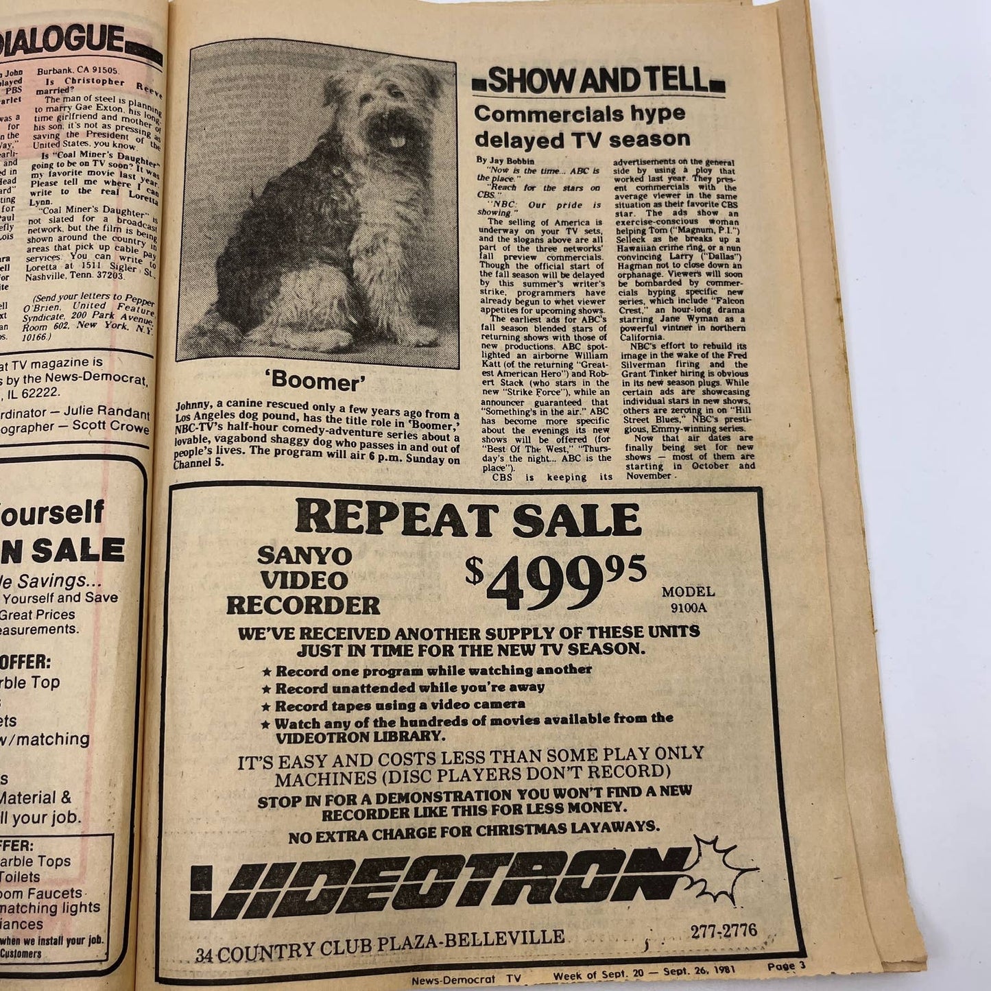 1981 Sept 20 Bellville IL News-Democrat TV Listings Shaggy Dog Boomer TG6