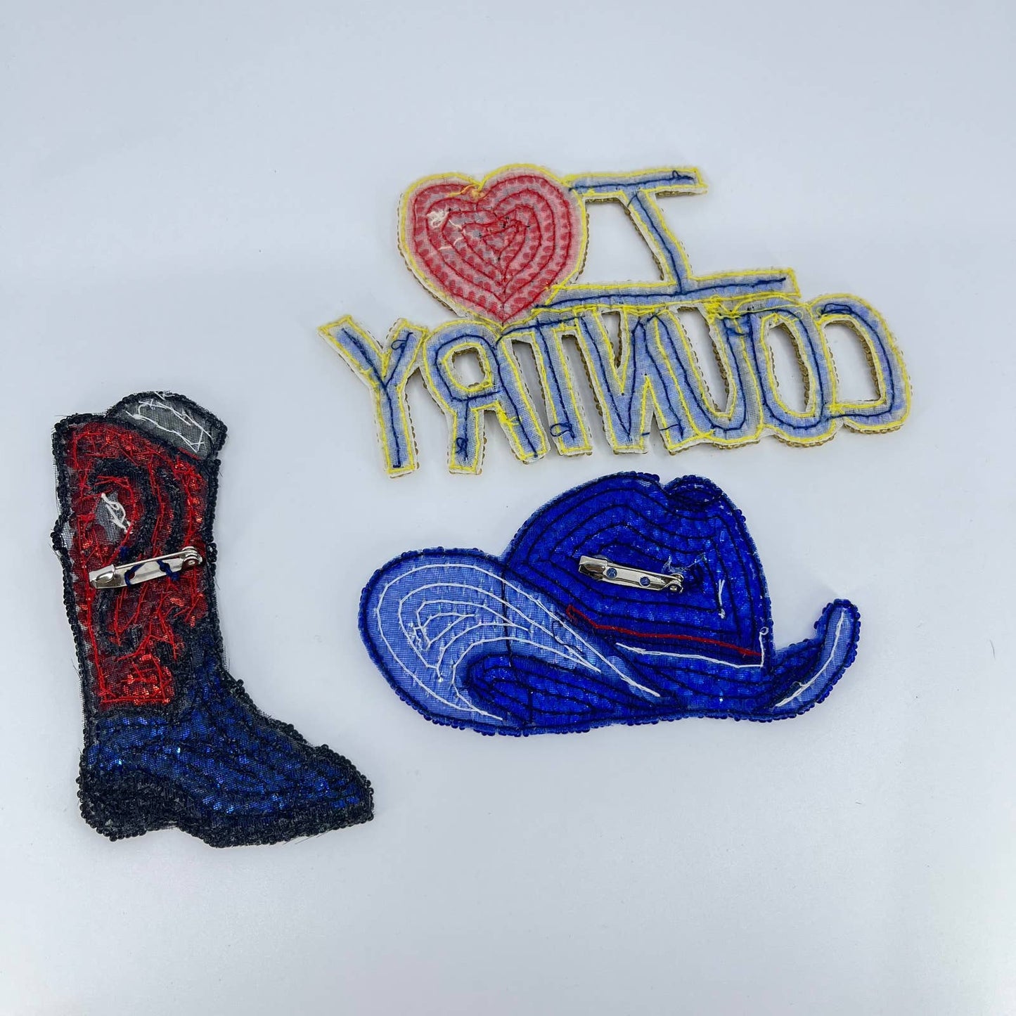 VTG Country Music Western Cowboy Boot Hat Sequin Pinback Patches SD2