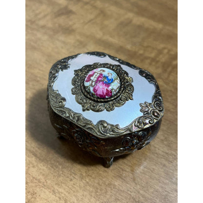 Vtg Art Nouveau Saccharine Victorian Trinket Box White Enamel Brass Japan 3” TG8