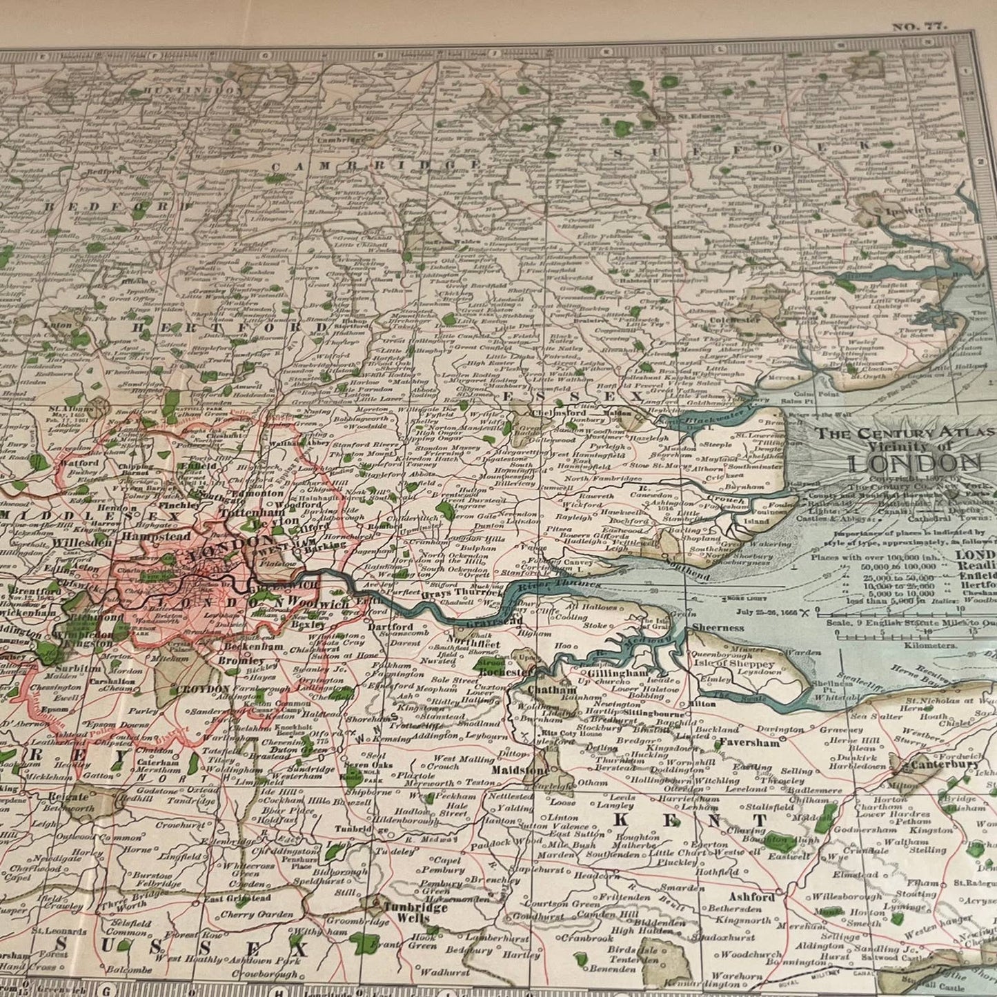 Antique 1897 The Century Atlas Map of LONDON Color Engraved 12.5 x 17” FL5