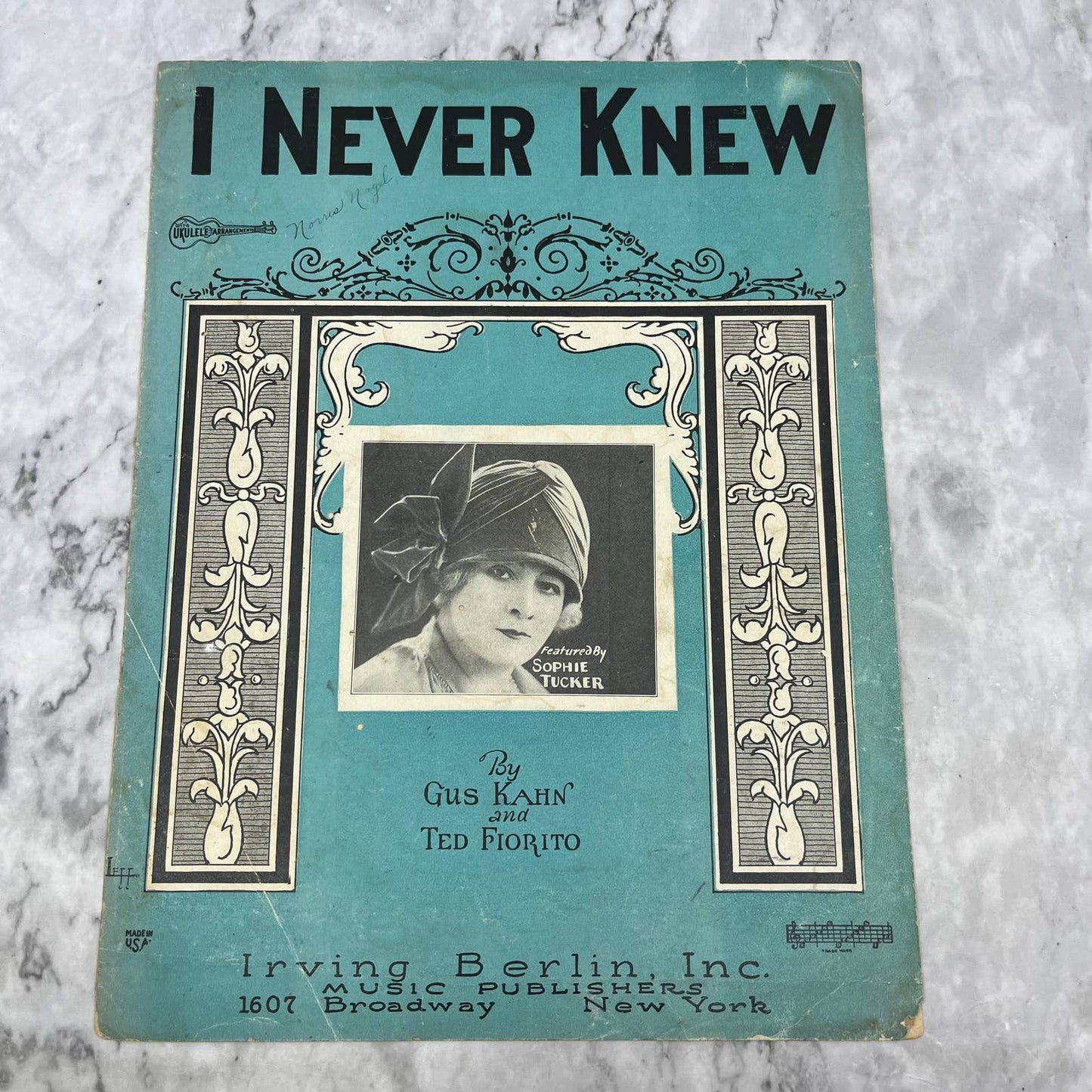 I Never Knew 1925 Piano Ukulele Sheet Music Sophie Tucker Irving Berlin TI1
