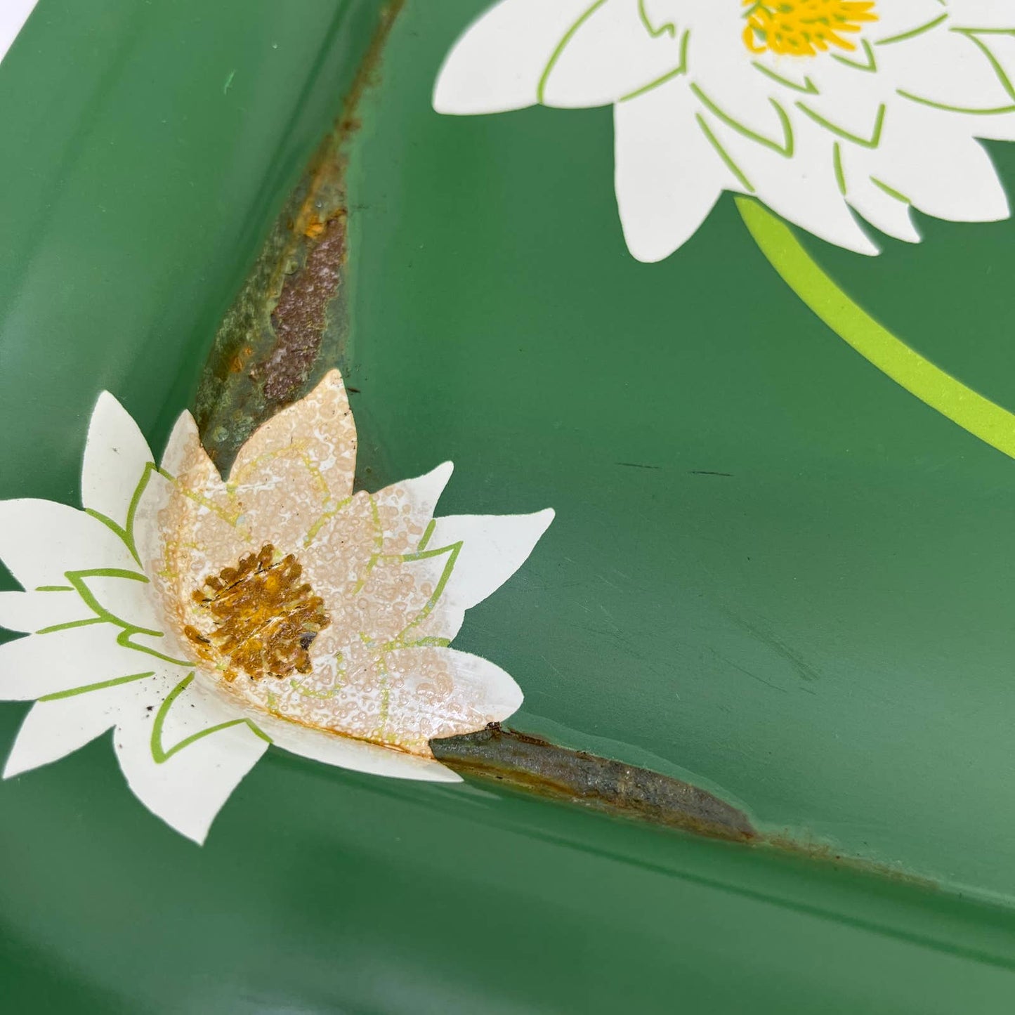 Vintage Toleware Metal Tray Water Lillies White Lotus Flowers 17.5x13" Set Of 2