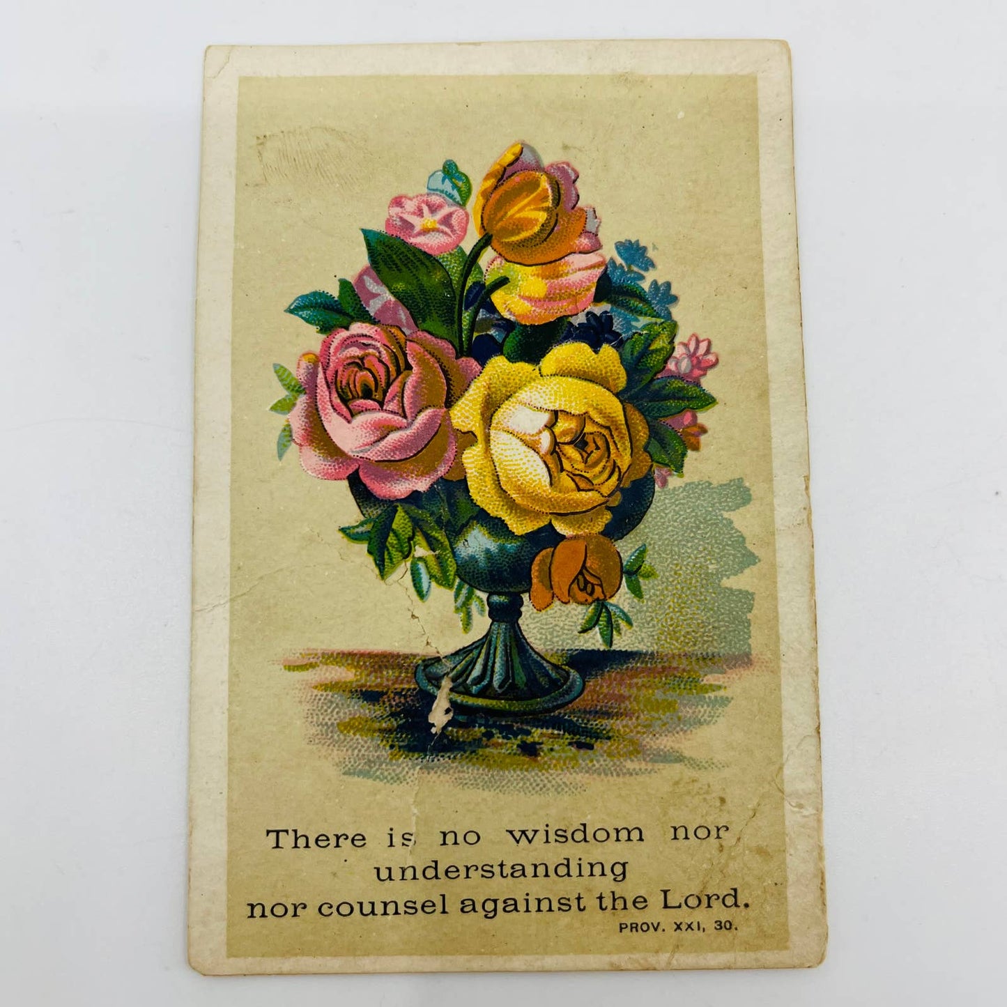 1880s Victorian Christian Verse Card Proverbs 21:30 Floral Bouquet AA2