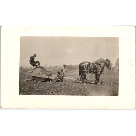 Antique RPPC Postcard Farmers Using Horse Drawn Field Roller Plow SE8