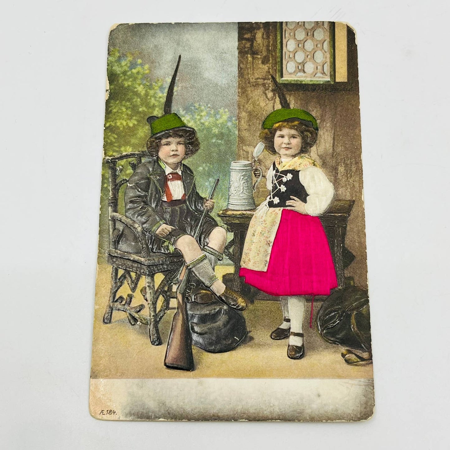 1910s Post Card Embossed Boy and Girl With Silk Dress Rifle Beer Stein PA7