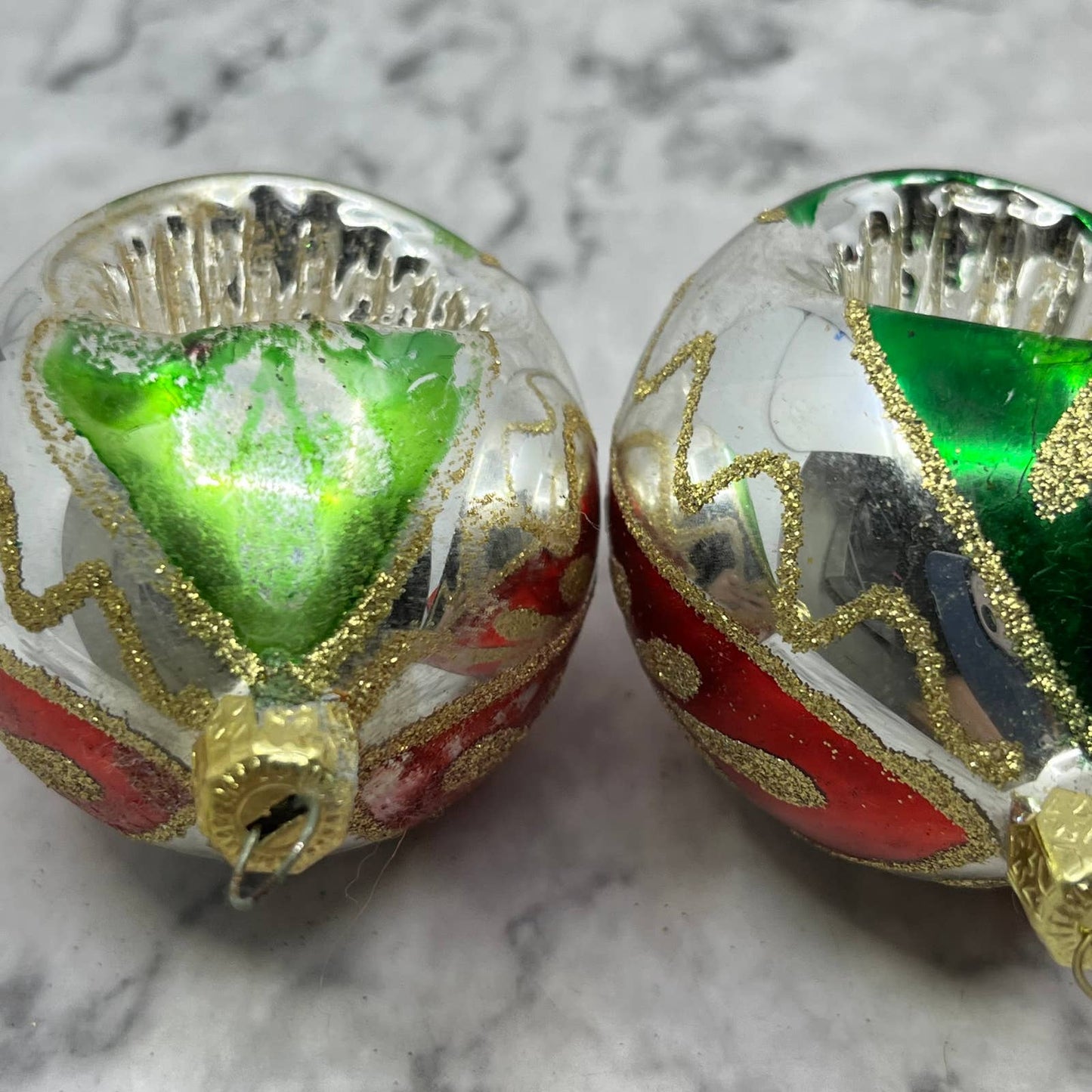 Lot of 3 Vtg Recessed Teardrop Mica Stencil Blown Mercury Glass Ornaments OT2