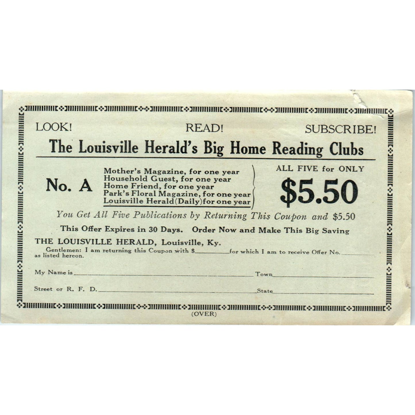 1921 Louisville Herald Reading Club Magazine Subscription Order Form SE4-2