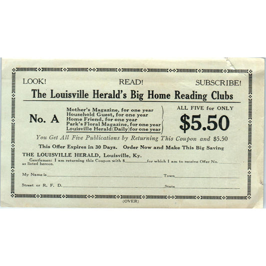 1921 Louisville Herald Reading Club Magazine Subscription Order Form SE4-2