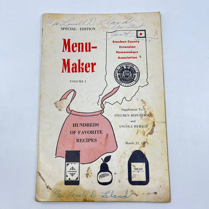 1973 Menu-Maker Recipes Cookbook Steuben County Homemakers Angola IN TF7